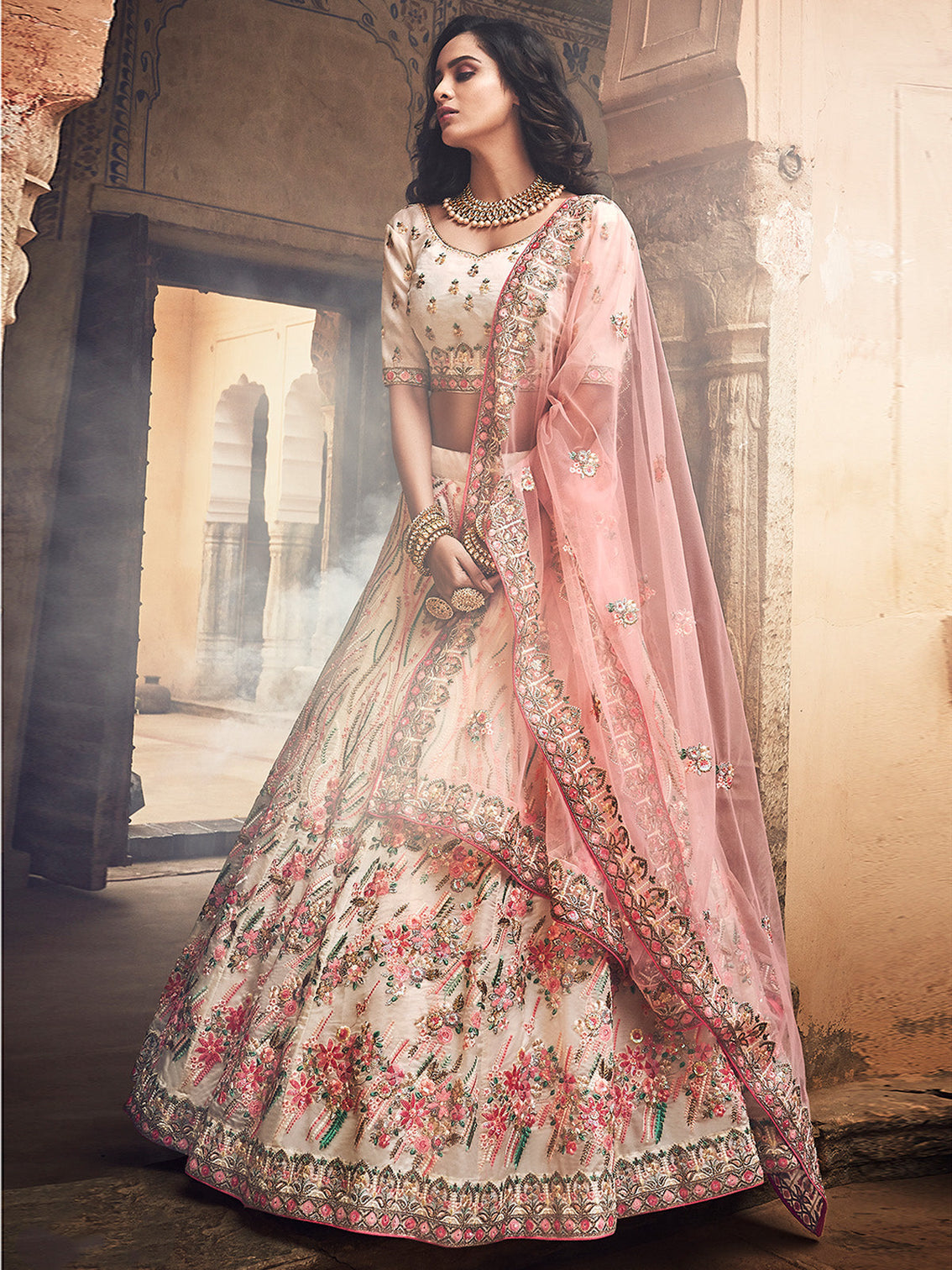 Apricot Embroidered Organza Semi Stitched Lehenga With Unstitched Blouse