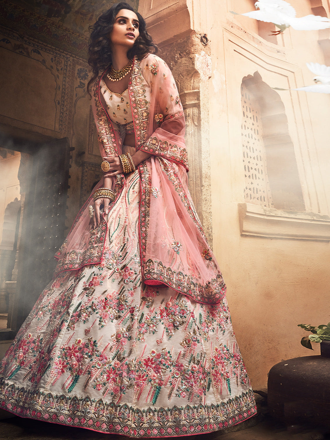 Apricot Embroidered Organza Semi Stitched Lehenga With Unstitched Blouse