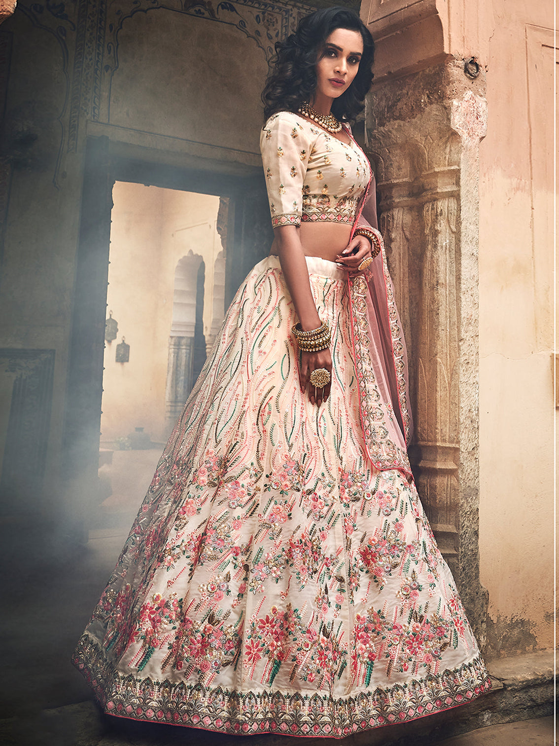 Apricot Embroidered Organza Semi Stitched Lehenga With Unstitched Blouse