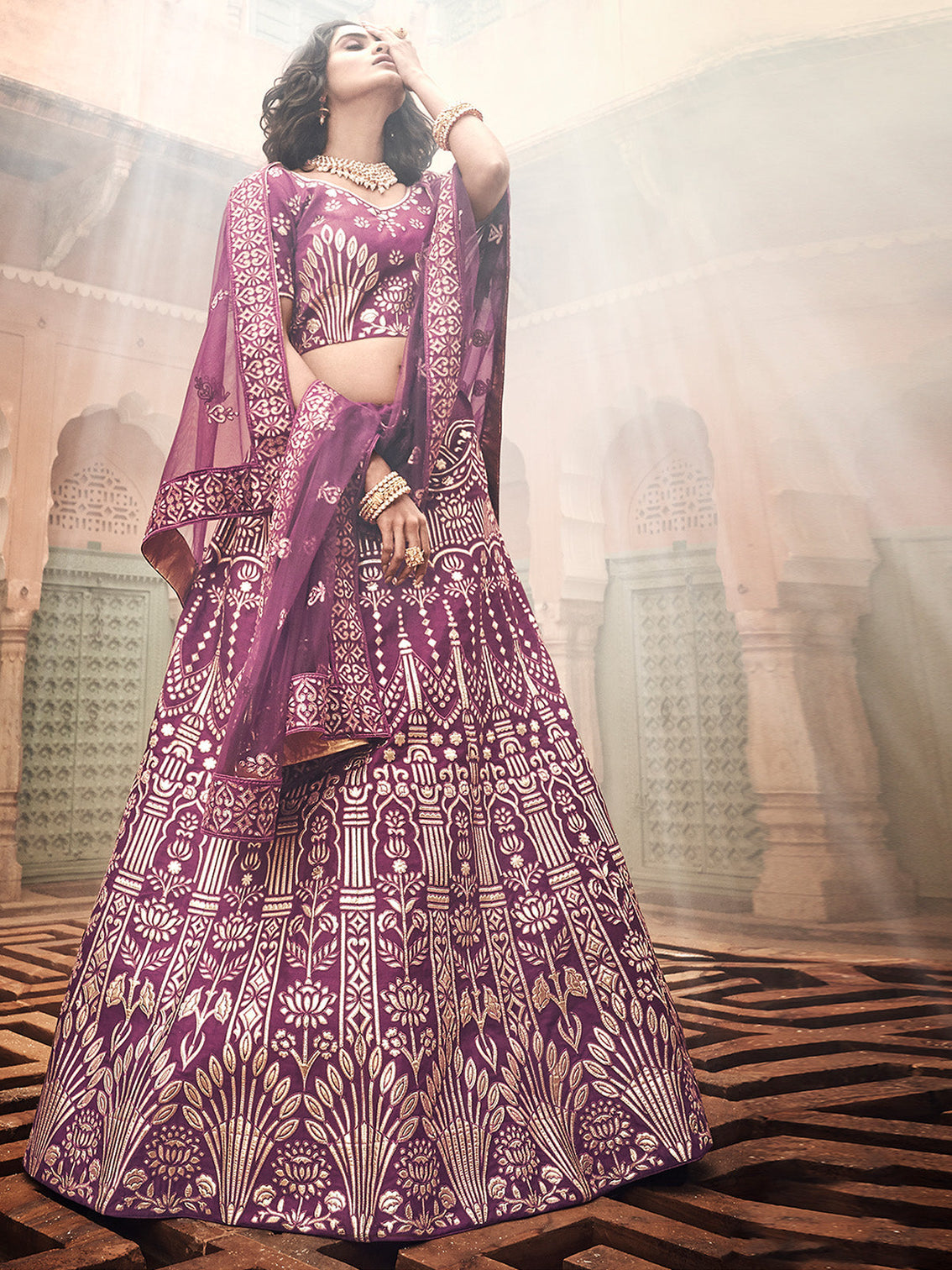 Purple Embroidered Art Silk Semi Stitched Lehenga With Unstitched Blouse