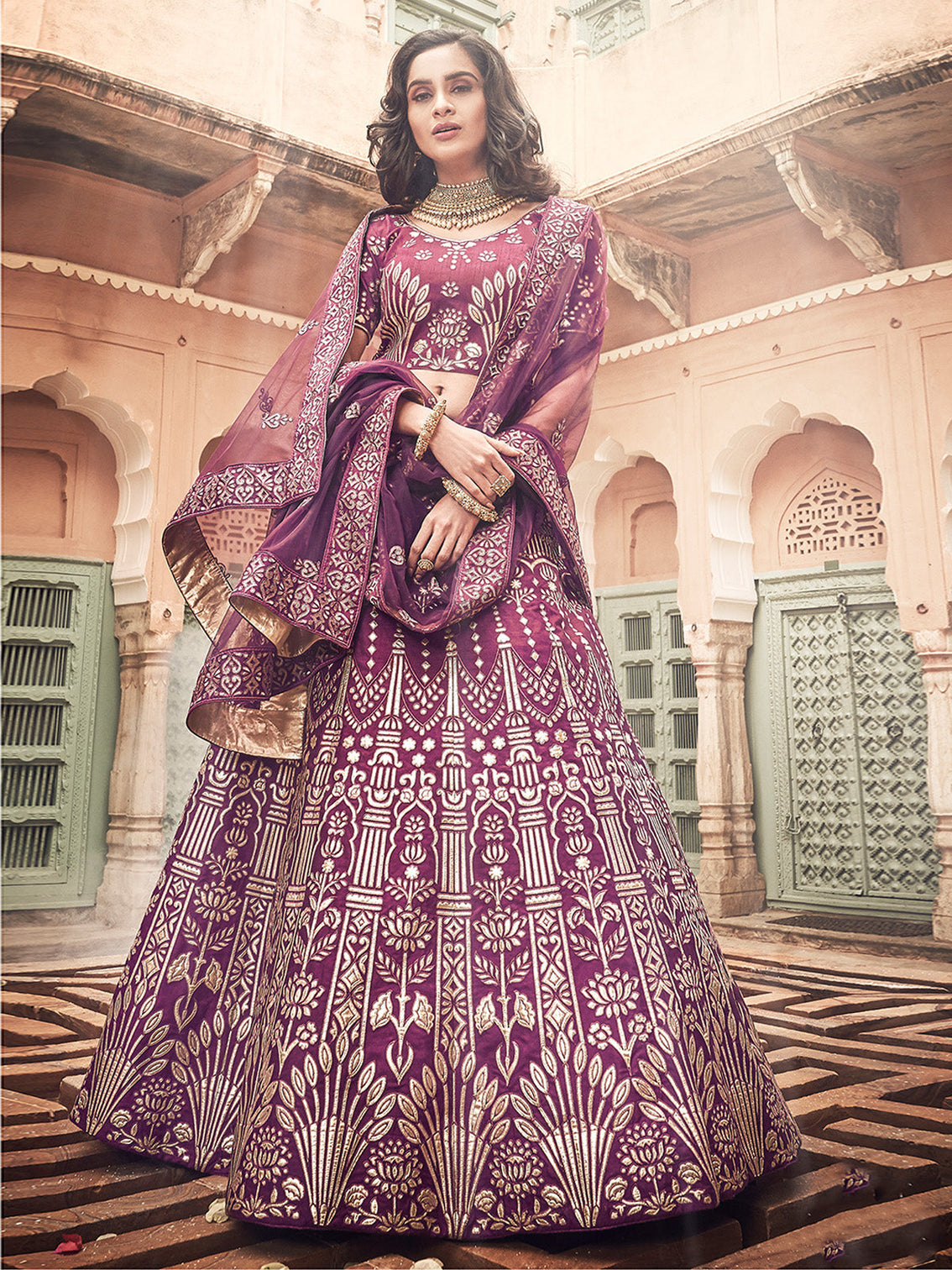 Purple Embroidered Art Silk Semi Stitched Lehenga With Unstitched Blouse