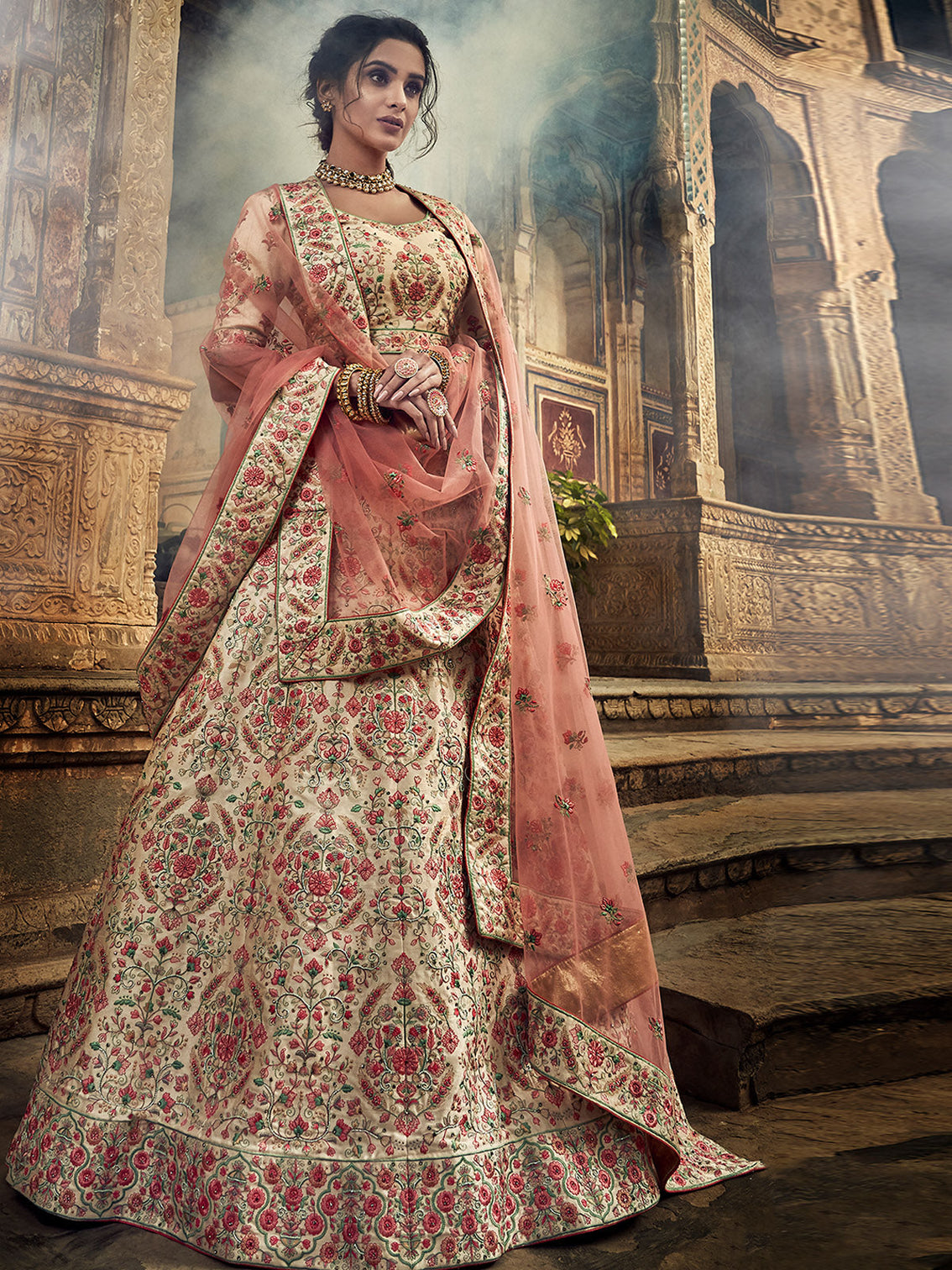Peach Art Silk Semi Stitched Lehenga With Unstitched Blouse