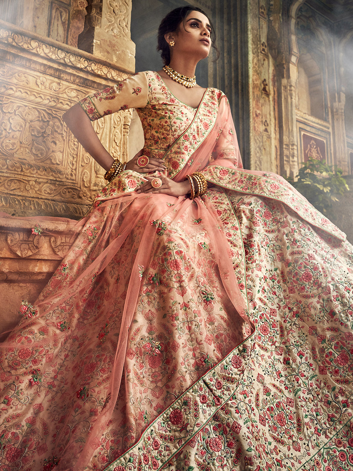 Peach Art Silk Semi Stitched Lehenga With Unstitched Blouse