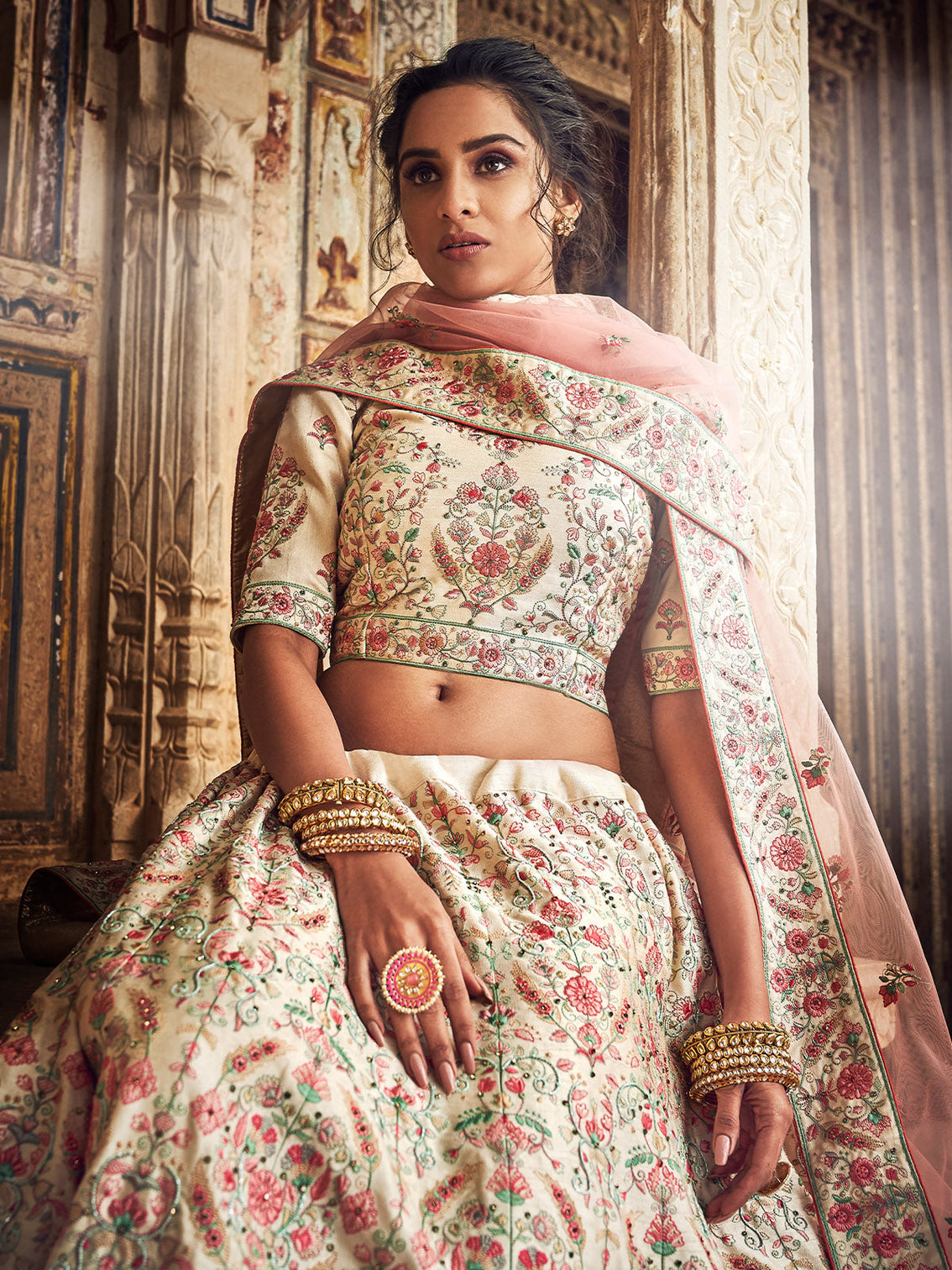 Peach Art Silk Semi Stitched Lehenga With Unstitched Blouse
