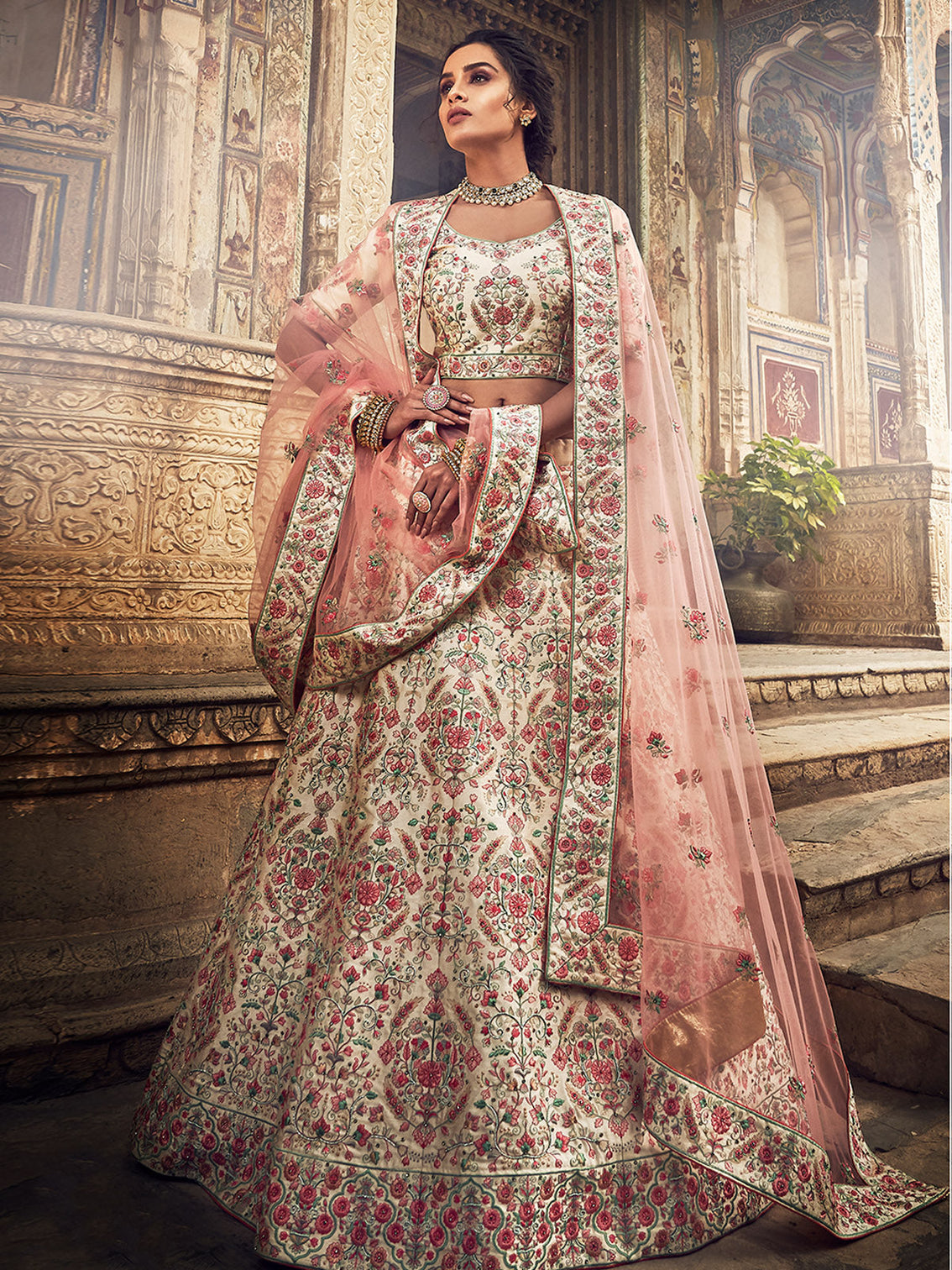 Peach Art Silk Semi Stitched Lehenga With Unstitched Blouse