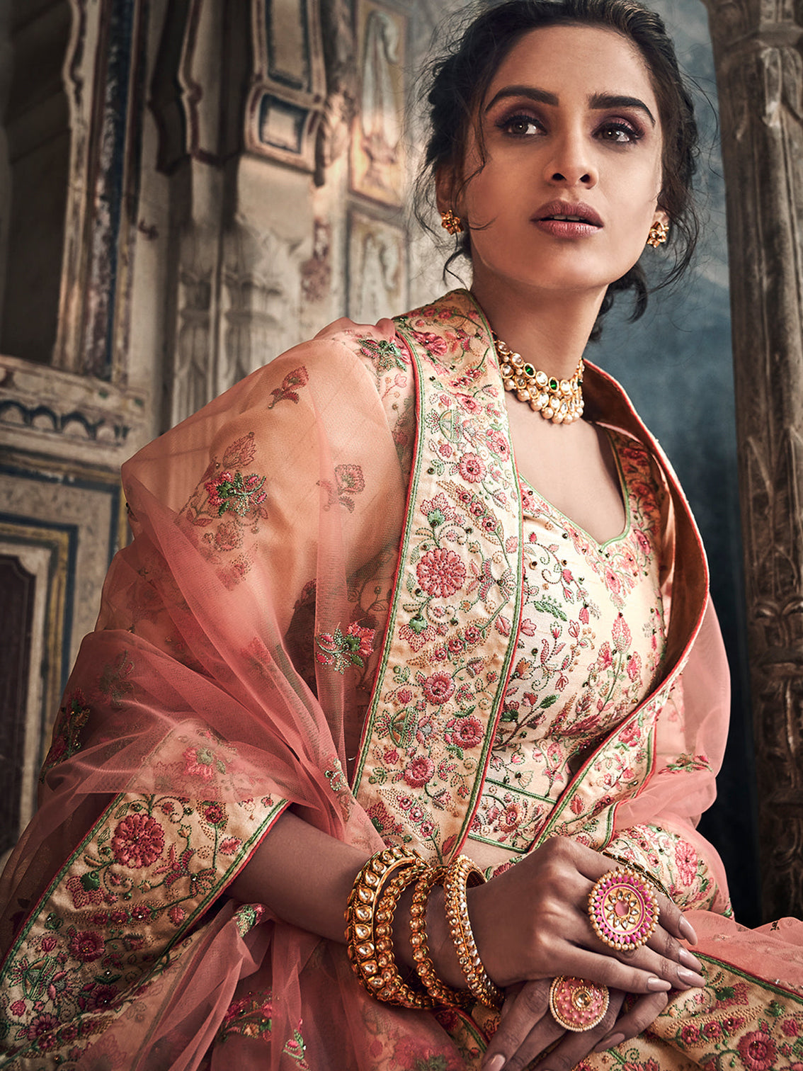 Peach Art Silk Semi Stitched Lehenga With Unstitched Blouse