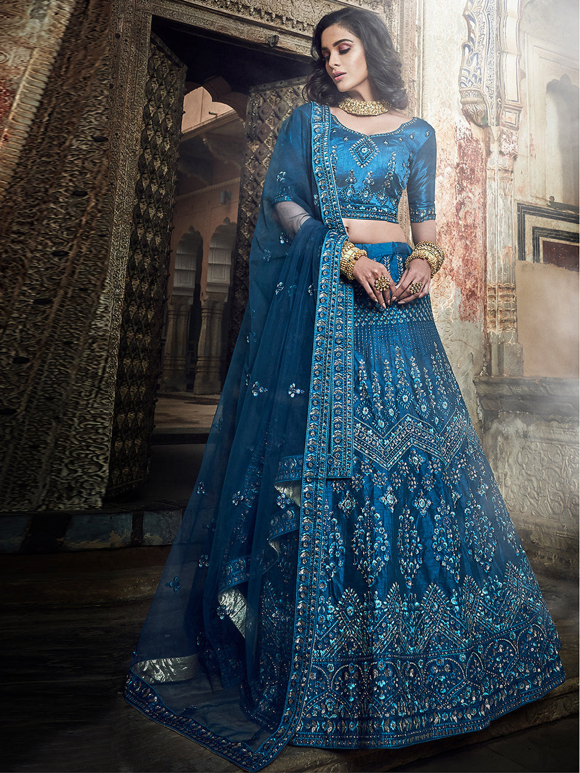 Dark Blue Embroidered Art Silk Semi Stitched Lehenga With Unstitched Blouse