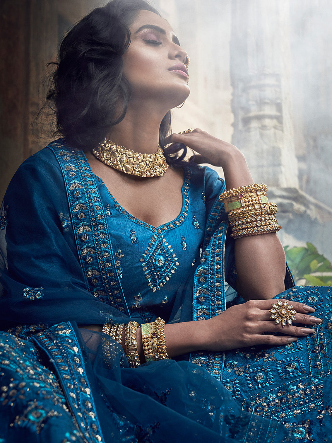 Dark Blue Embroidered Art Silk Semi Stitched Lehenga With Unstitched Blouse