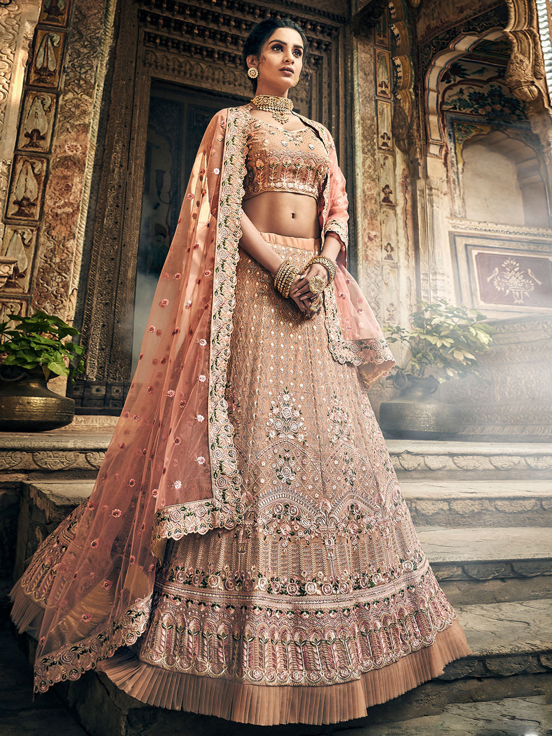 Peach Georgette Semi Stitched Lehenga With Unstitched Blouse
