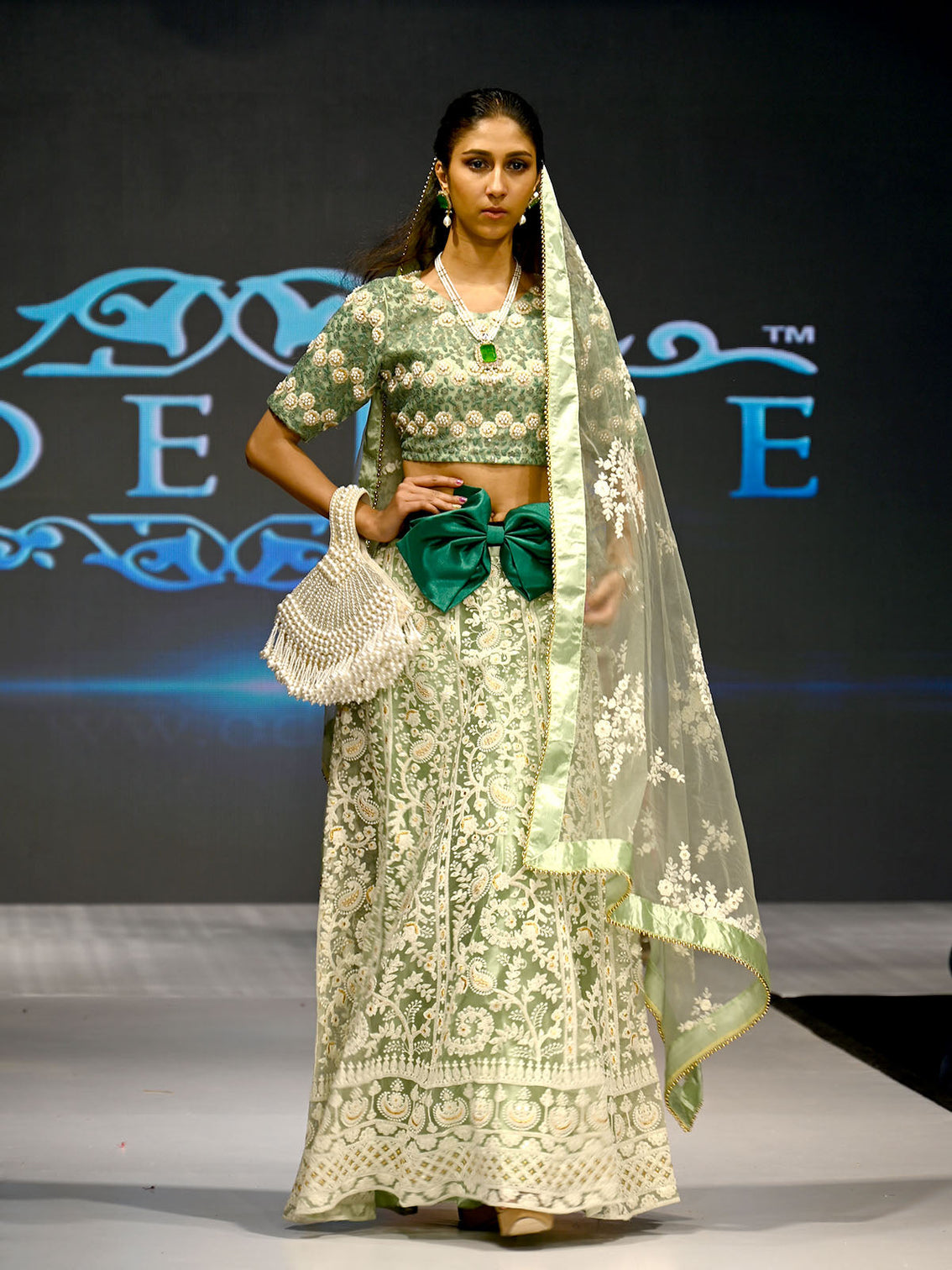 Sea Green Net Semi Stitched Lehenga With Unstitched Blouse