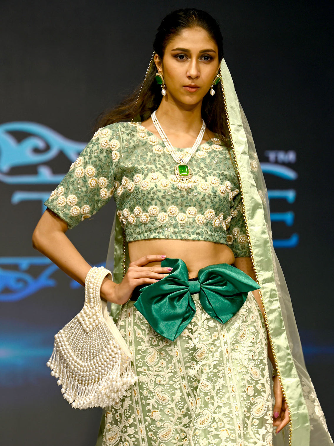 Sea Green Net Semi Stitched Lehenga With Unstitched Blouse