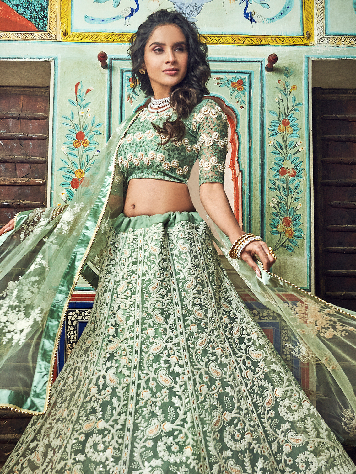 Sea Green Net Semi Stitched Lehenga With Unstitched Blouse