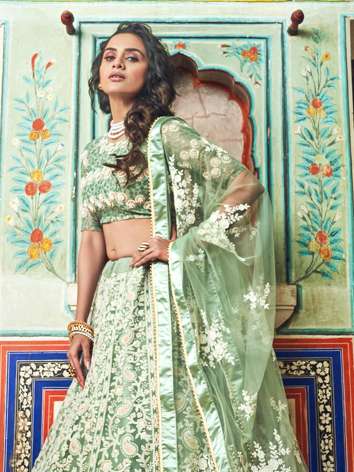 Sea Green Net Semi Stitched Lehenga With Unstitched Blouse