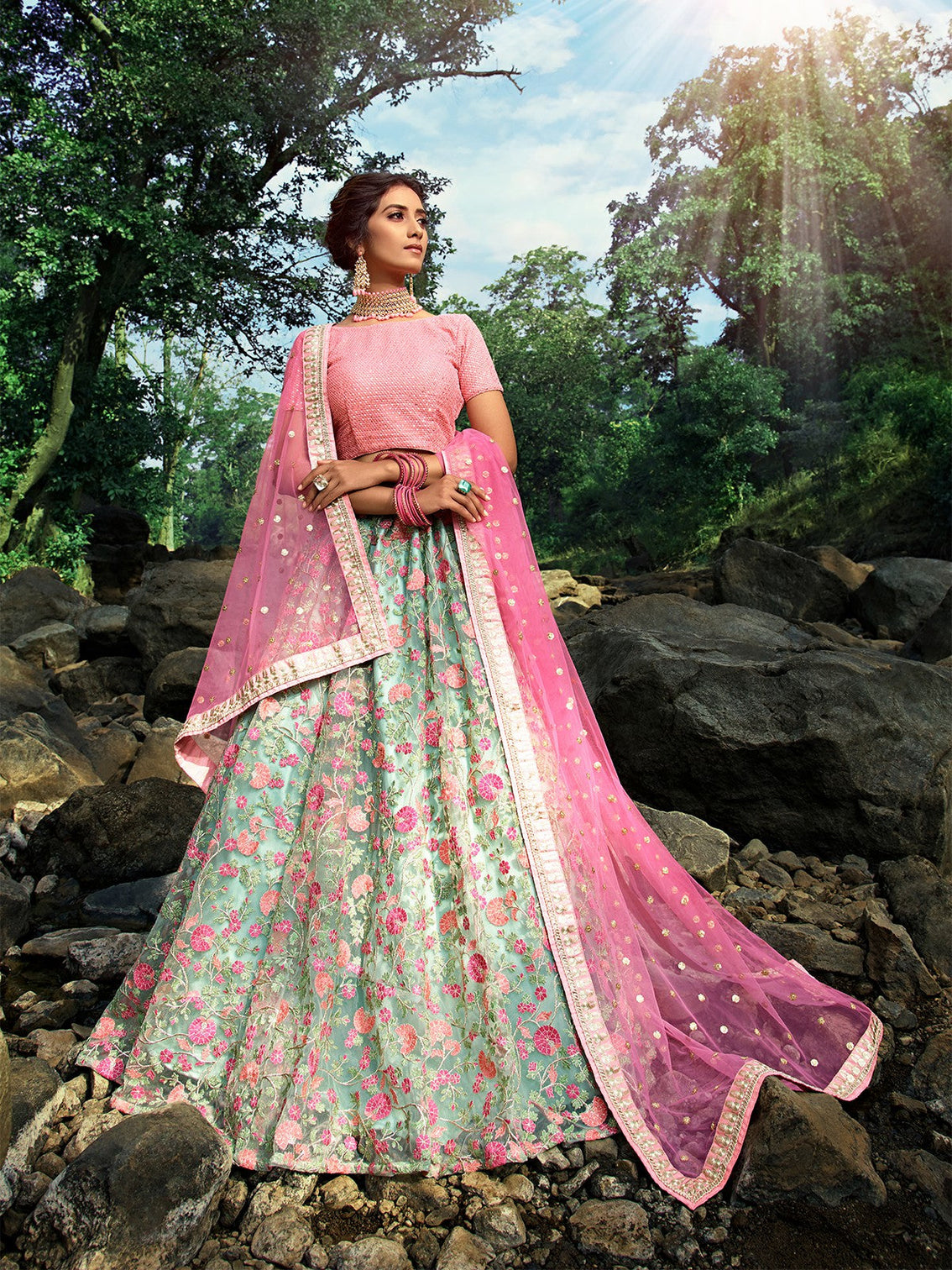 Sea Green Stunning Semi Stitched Lehenga With Unstitched Blouse