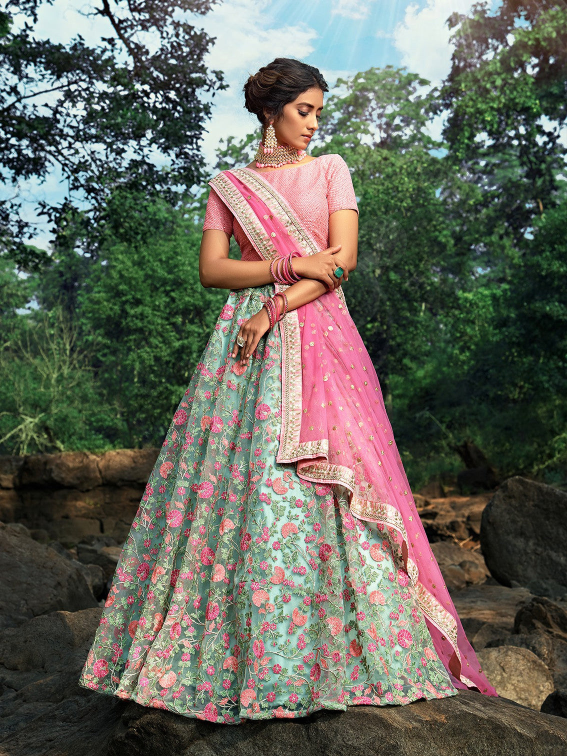 Sea Green Stunning Semi Stitched Lehenga With Unstitched Blouse