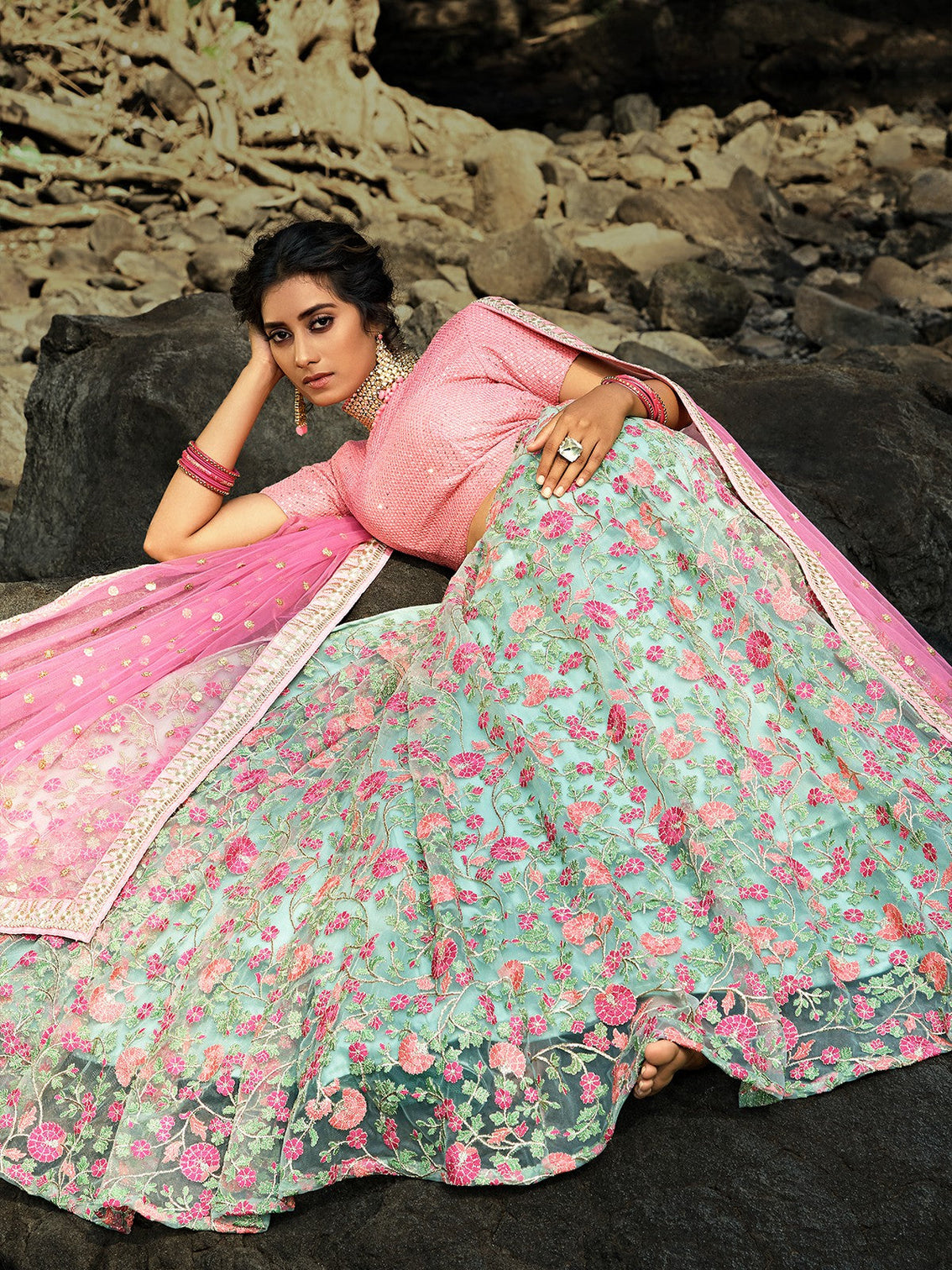 Sea Green Stunning Semi Stitched Lehenga With Unstitched Blouse