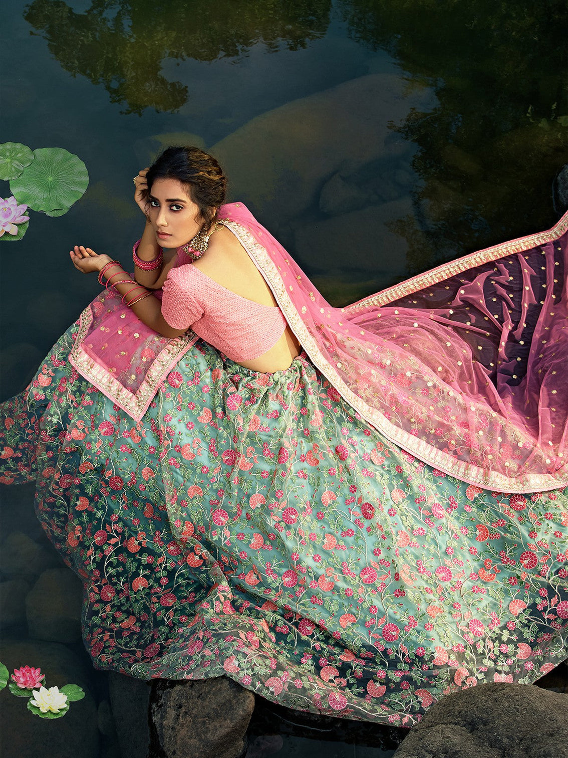 Sea Green Stunning Semi Stitched Lehenga With Unstitched Blouse