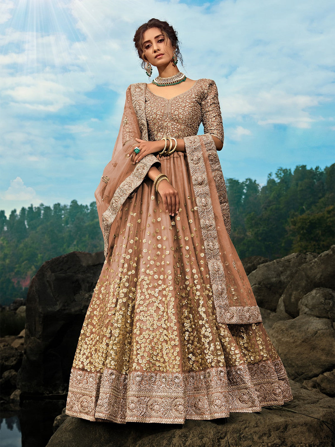 Brown Sequins Soft Net Semi Stitched Lehenga With Unstitched Blouse