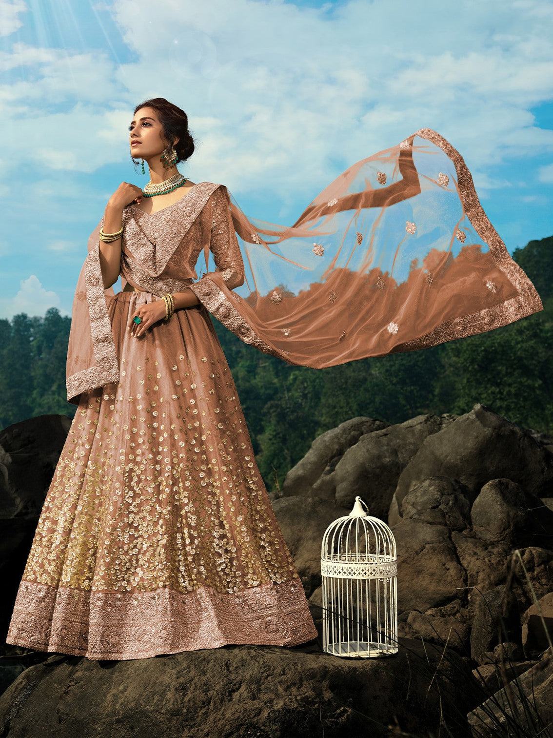 Brown Sequins Soft Net Semi Stitched Lehenga With Unstitched Blouse