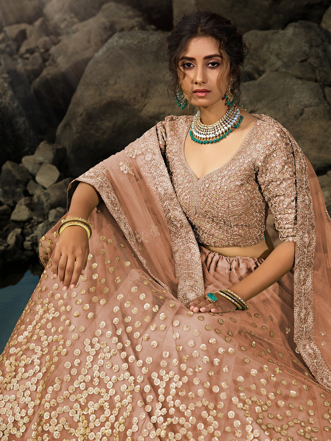 Brown Sequins Soft Net Semi Stitched Lehenga With Unstitched Blouse