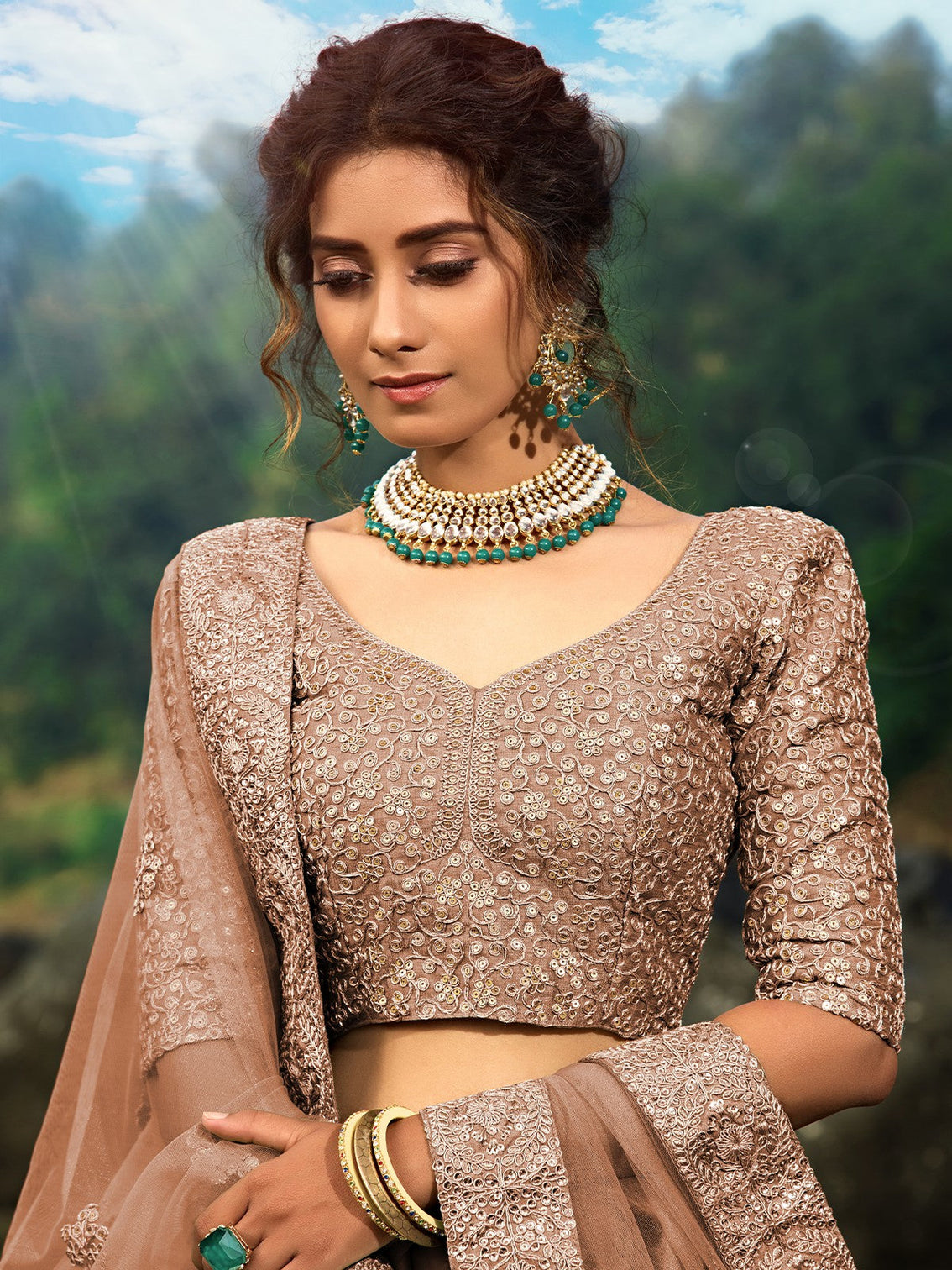 Brown Sequins Soft Net Semi Stitched Lehenga With Unstitched Blouse