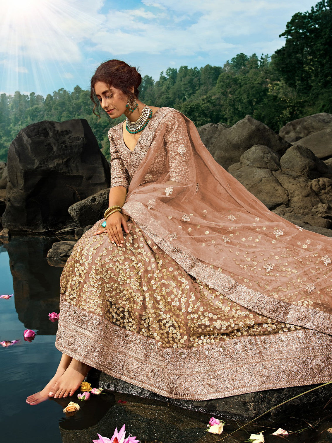 Brown Sequins Soft Net Semi Stitched Lehenga With Unstitched Blouse