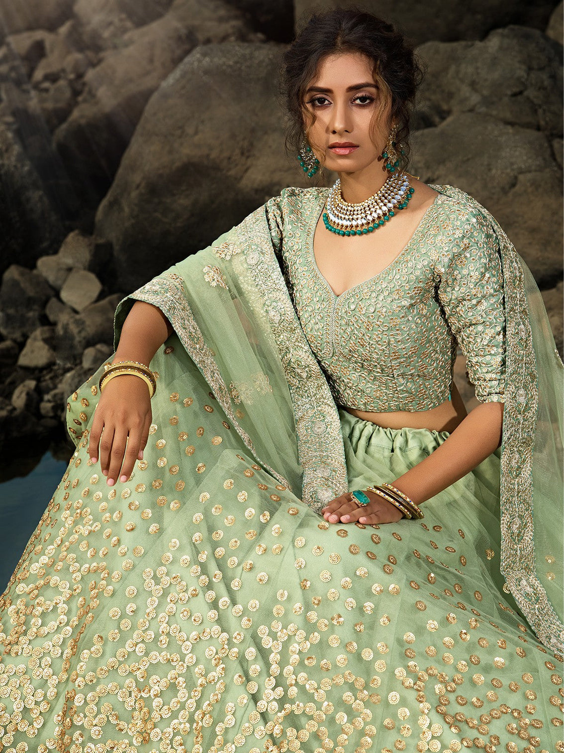 Green Sequins Sassy Semi Stitched Lehenga With Unstitched Blouse