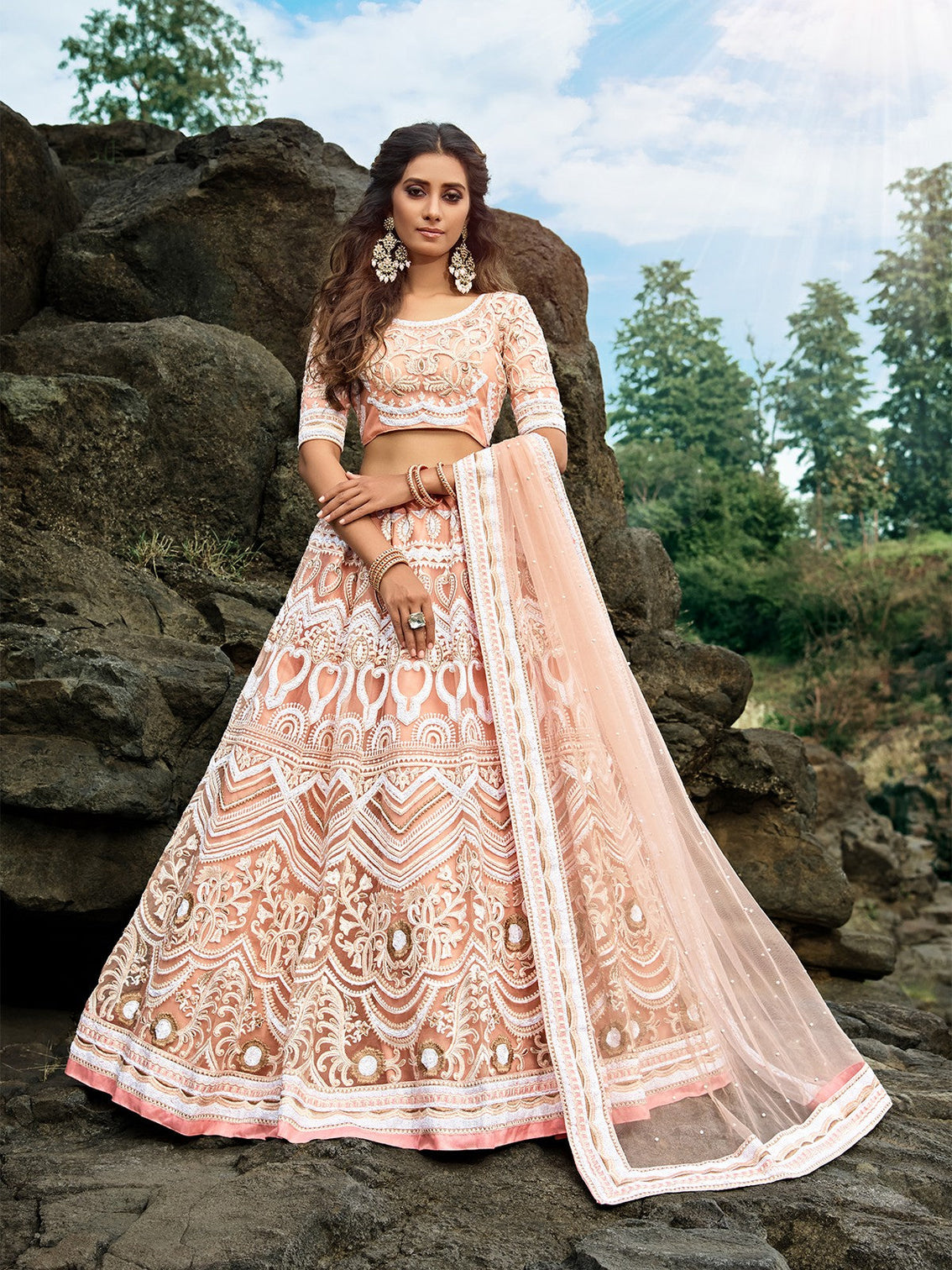 Peach Soft Net Sequins Semi Stitched Lehenga With Unstitched Blouse