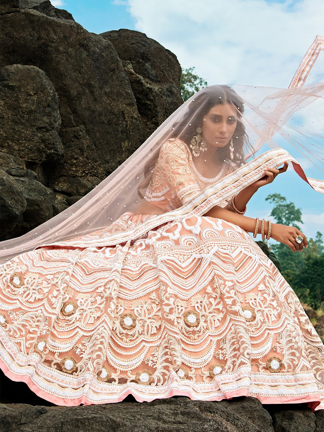 Peach Soft Net Sequins Semi Stitched Lehenga With Unstitched Blouse