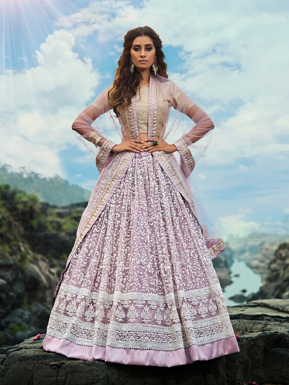 Designer Purple Soft Net Semi Stitched Lehenga With Unstitched Blouse