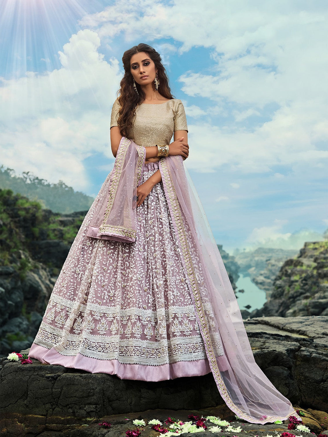 Designer Purple Soft Net Semi Stitched Lehenga With Unstitched Blouse