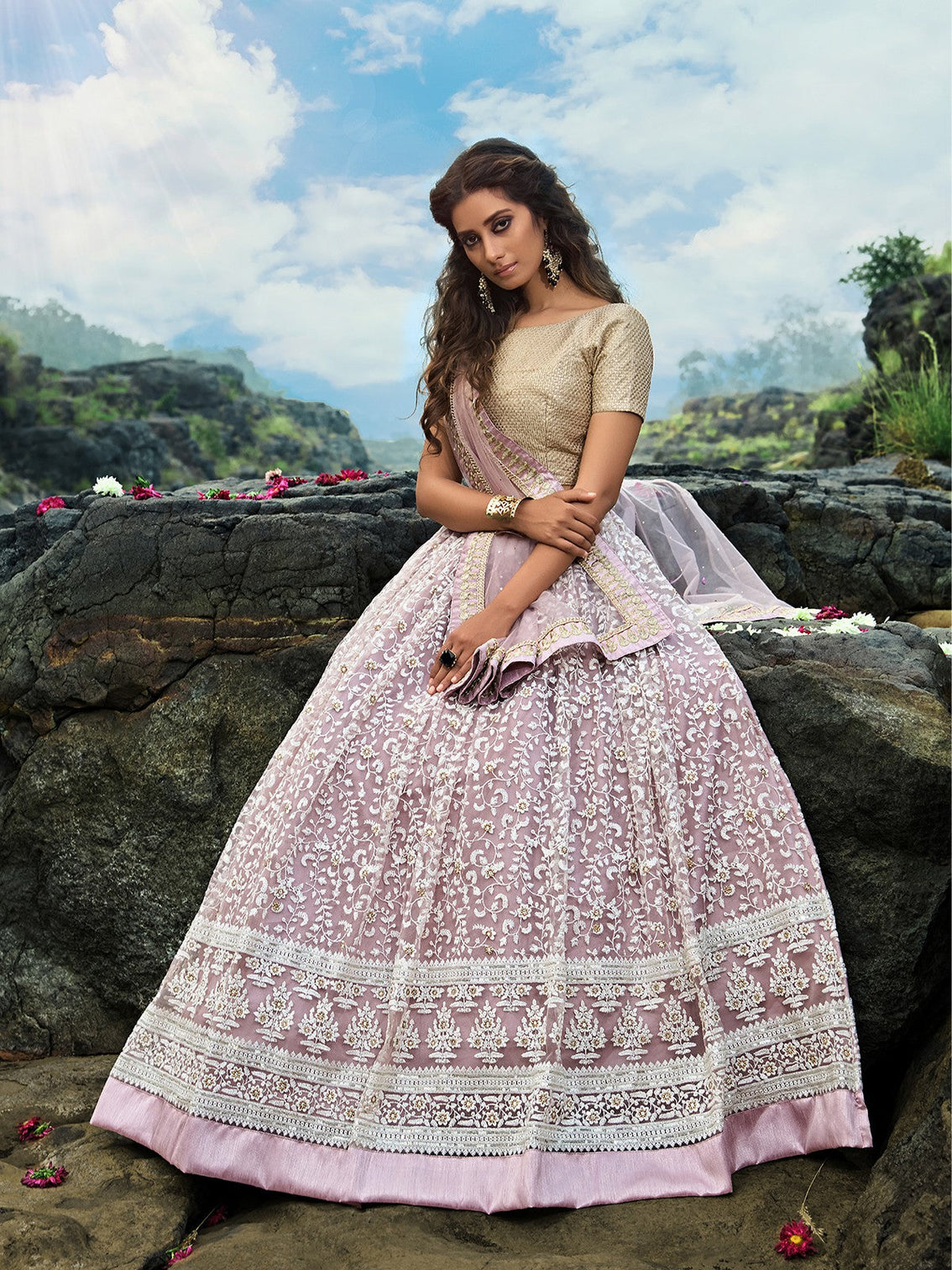 Designer Purple Soft Net Semi Stitched Lehenga With Unstitched Blouse