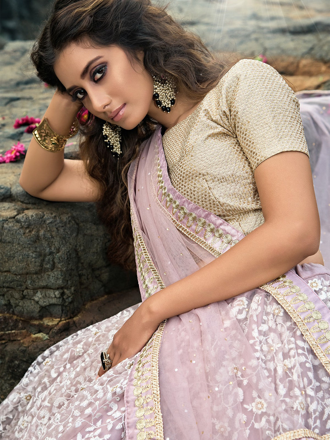 Designer Purple Soft Net Semi Stitched Lehenga With Unstitched Blouse