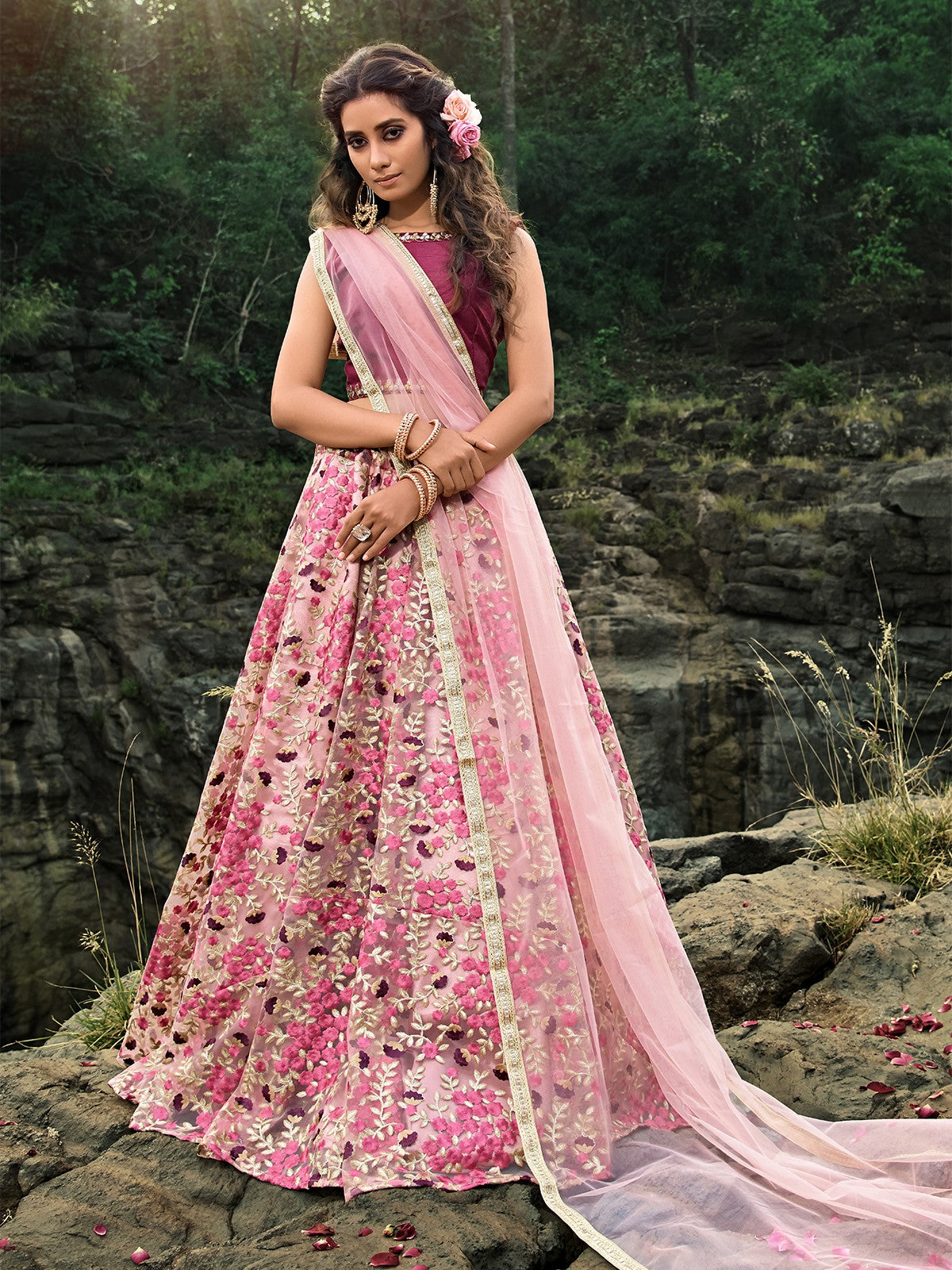 Designer Pink Semi Stitched Lehenga With Unstitched Blouse
