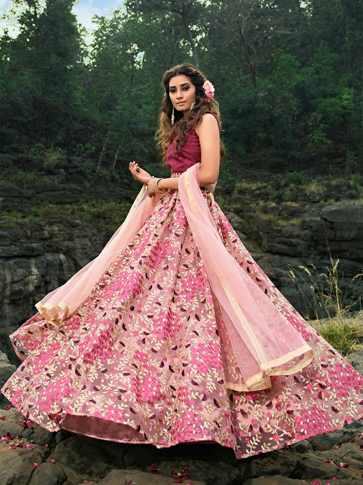 Designer Pink Semi Stitched Lehenga With Unstitched Blouse