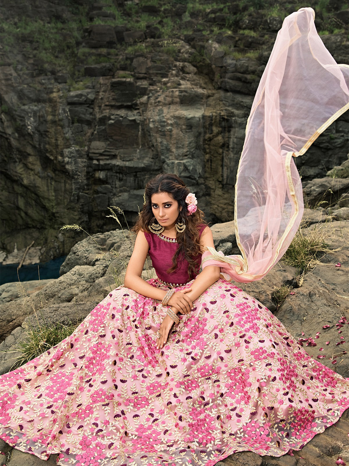 Designer Pink Semi Stitched Lehenga With Unstitched Blouse