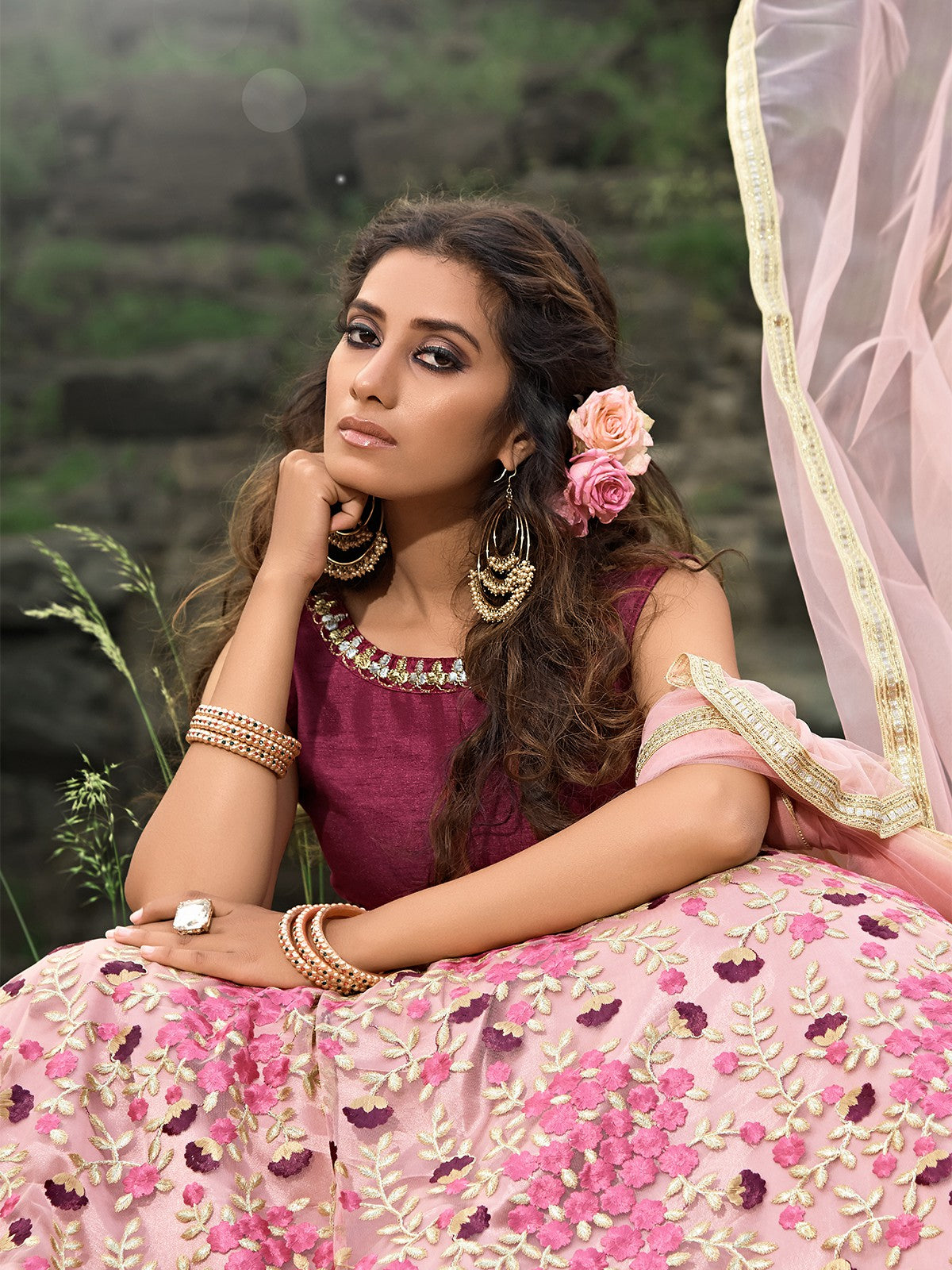 Designer Pink Semi Stitched Lehenga With Unstitched Blouse