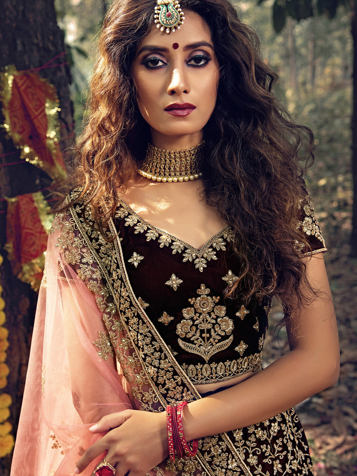Maroon Pure Velvet Semi Stitched Lehenga With Unstitched Blouse