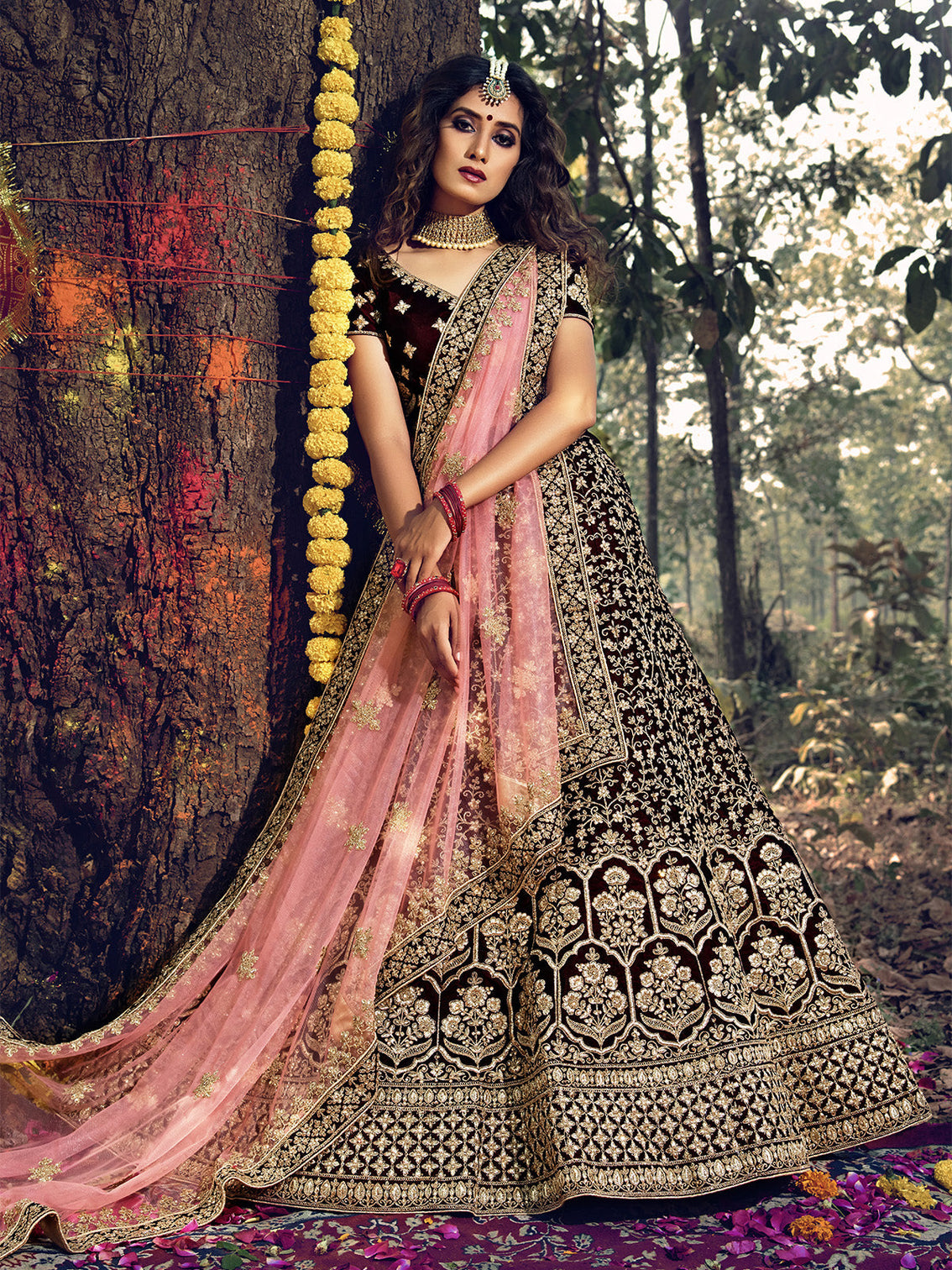 Maroon Pure Velvet Semi Stitched Lehenga With Unstitched Blouse