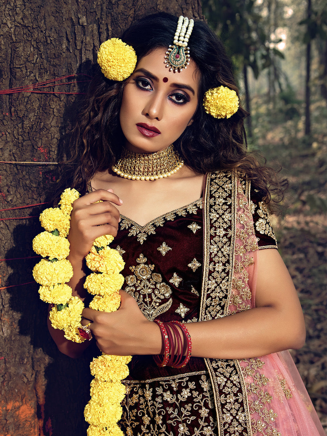 Maroon Pure Velvet Semi Stitched Lehenga With Unstitched Blouse