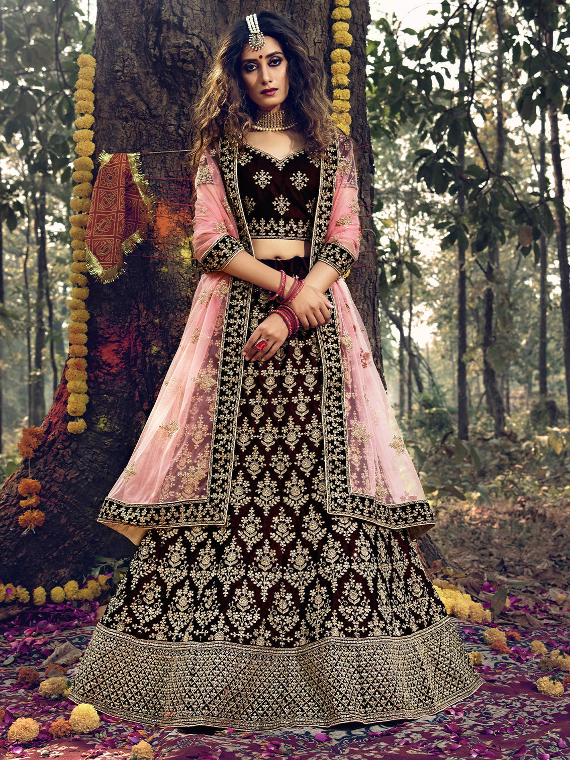 Maroon Semi Stitched Lehenga With Unstitched Blouse With Mirror Work