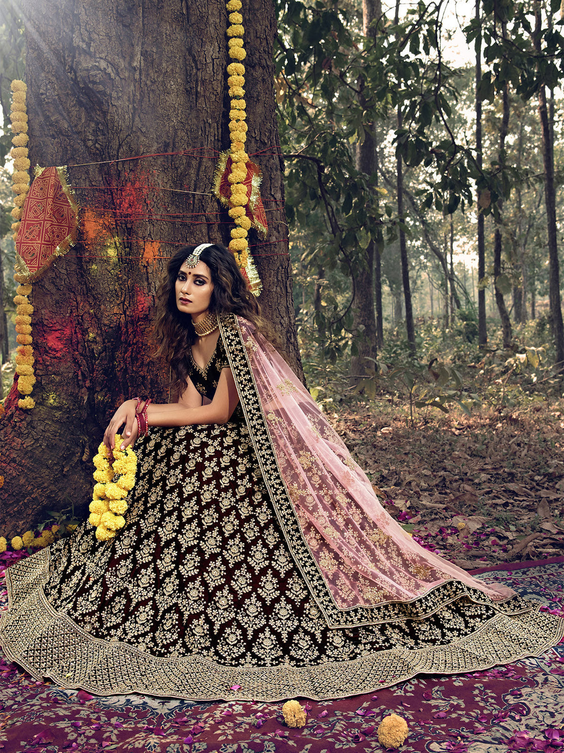 Maroon Semi Stitched Lehenga With Unstitched Blouse With Mirror Work