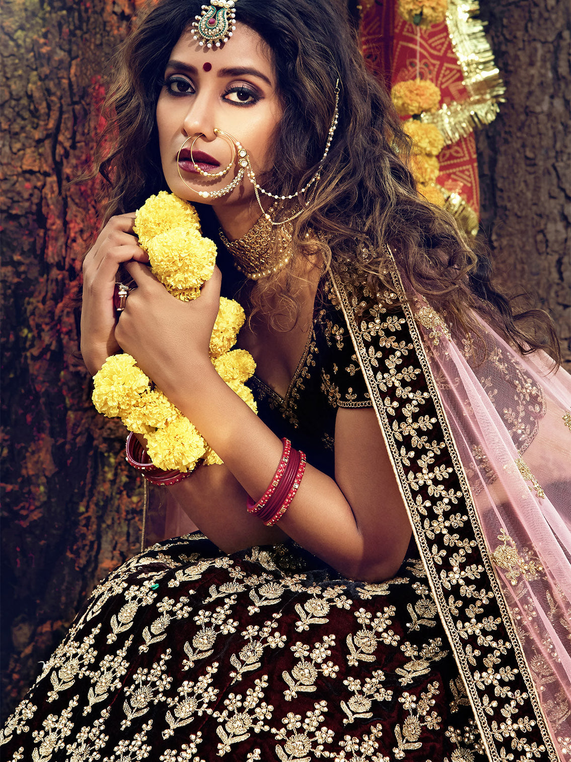 Maroon Semi Stitched Lehenga With Unstitched Blouse With Mirror Work