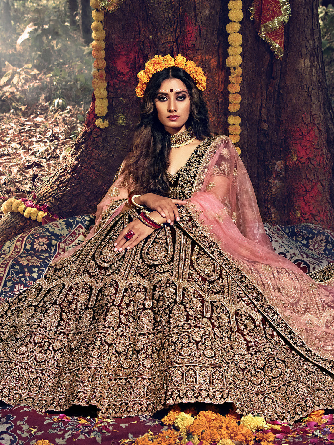 Festive Maroon Semi Stitched Lehenga With Unstitched Blouse