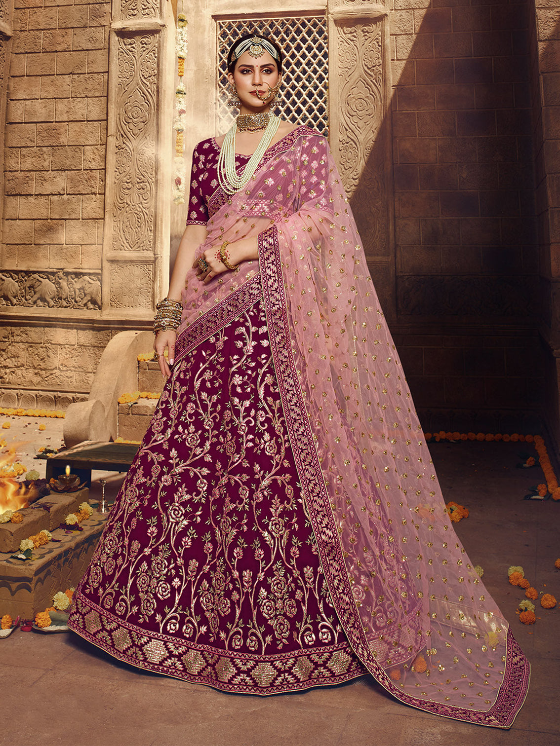 Purple Embroidered Georgette Semi Stitched Lehenga With Unstitched Blouse