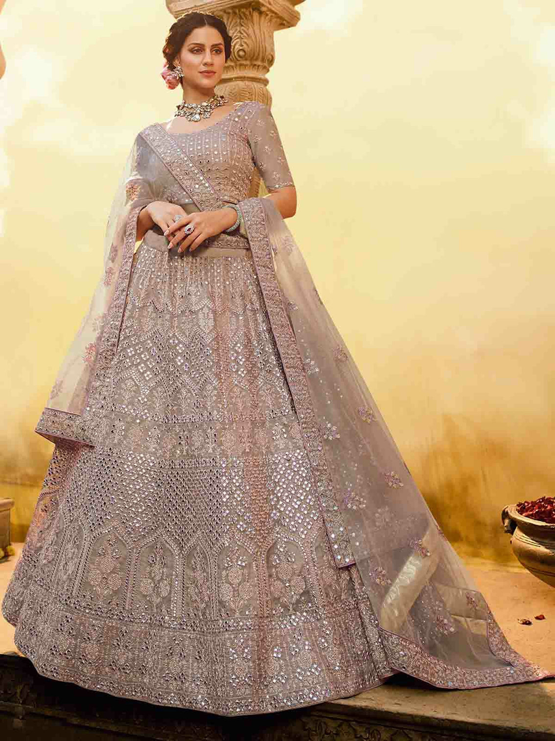Beige Embroidered Butter Crepe Semi Stitched Lehenga With Unstitched Blouse