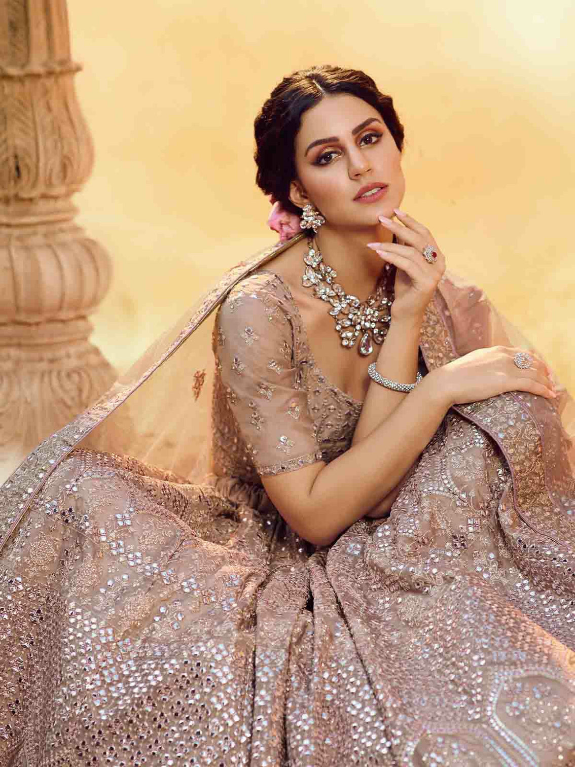 Beige Embroidered Butter Crepe Semi Stitched Lehenga With Unstitched Blouse