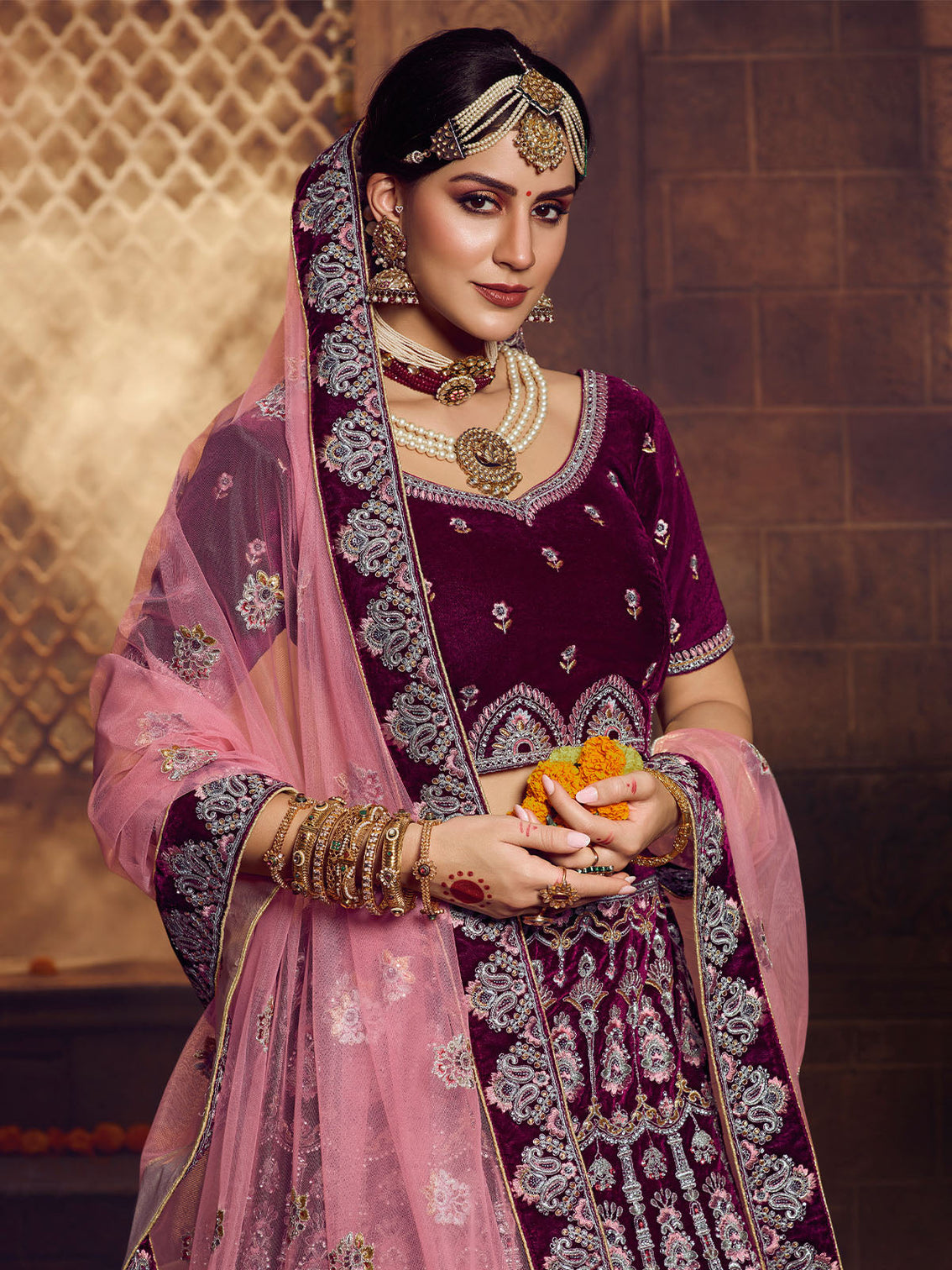 Violet Embroidered Velvet Semi Stitched Lehenga With Unstitched Blouse