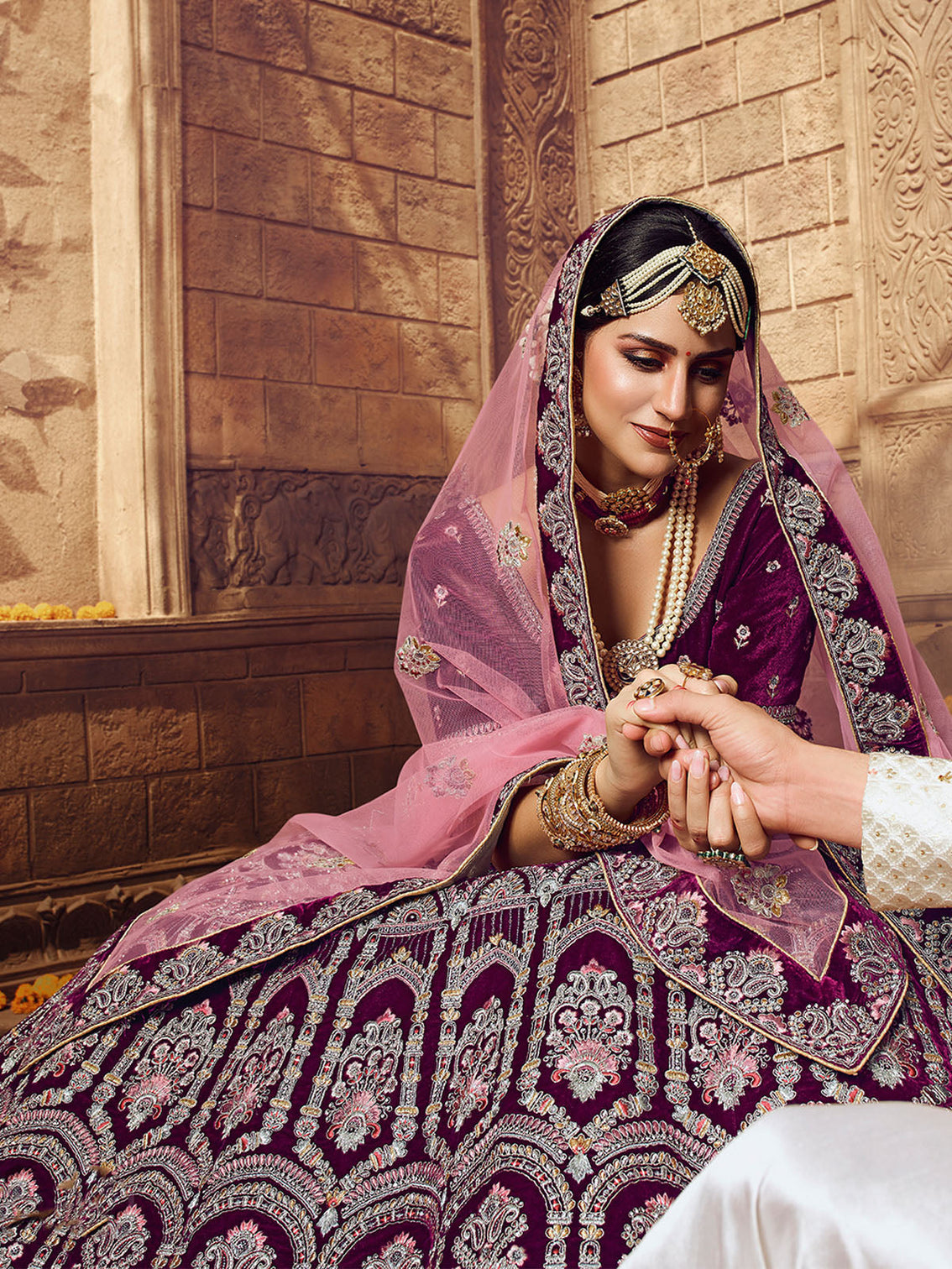 Violet Embroidered Velvet Semi Stitched Lehenga With Unstitched Blouse