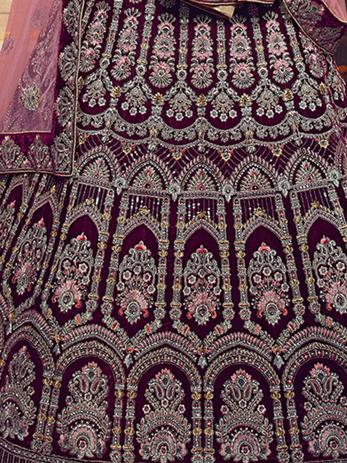 Violet Embroidered Velvet Semi Stitched Lehenga With Unstitched Blouse
